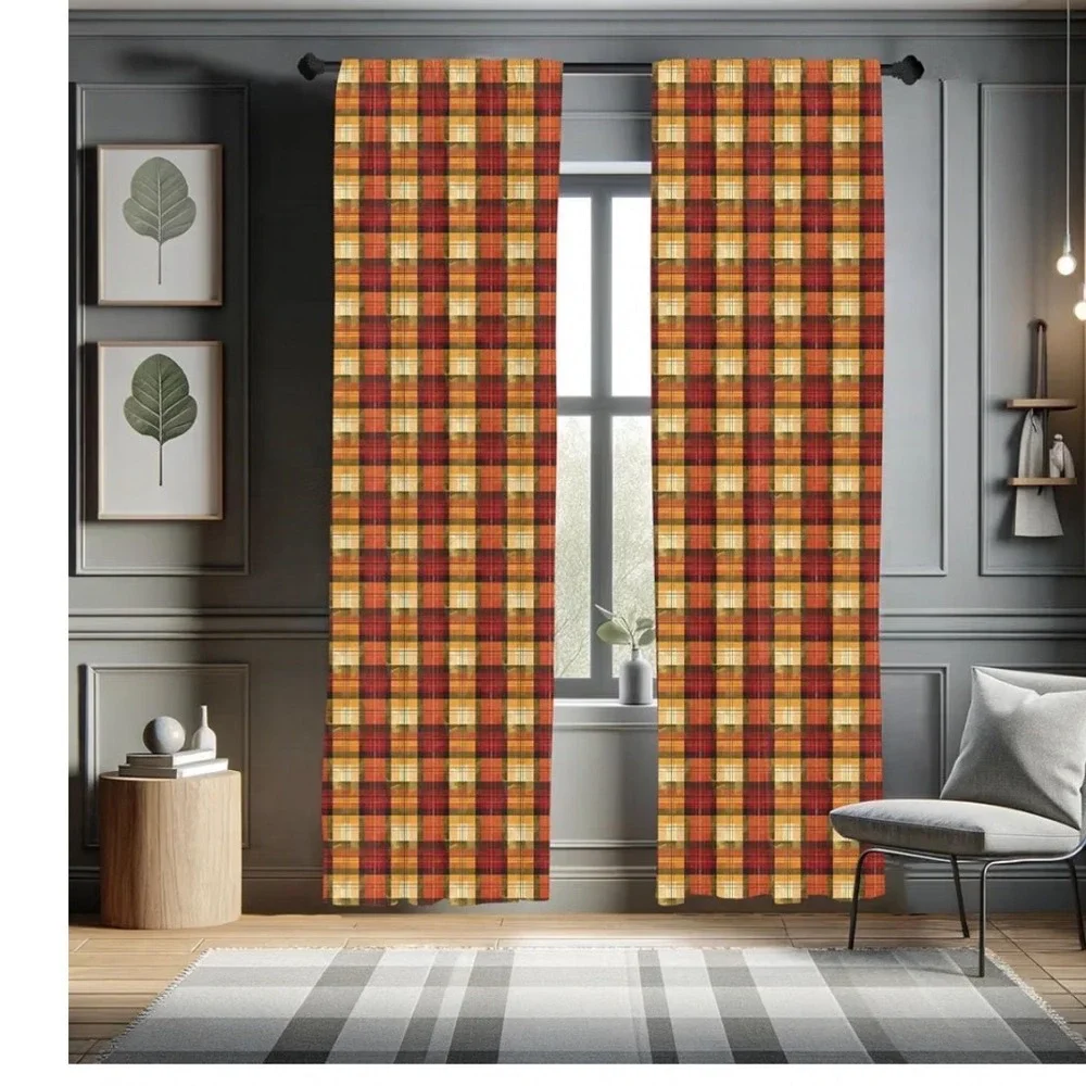 Ambesonne Fall Window Curtains 56x95 Paprika Orange Rust Plaid Checker 2 Panels